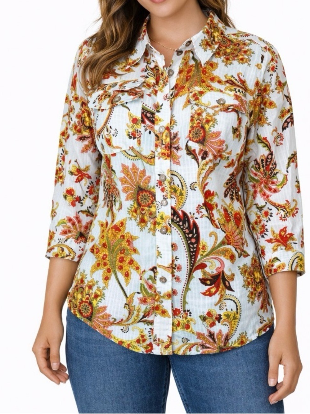 Karen Scott Size M Button Front 3/4 Sleeve Floral Hippie Multi Color Button up